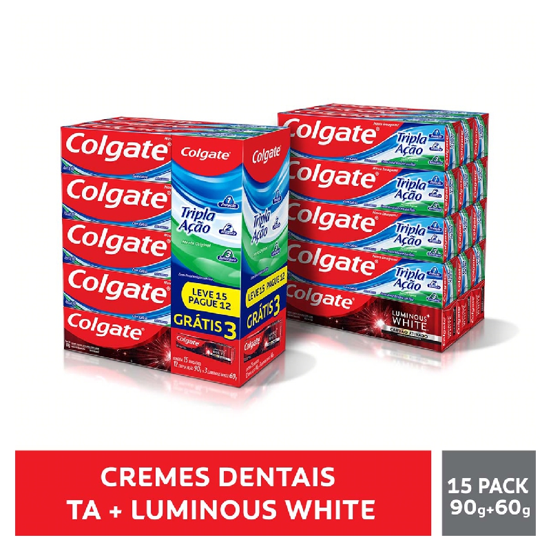 KIT 12 CREMES DENTAIS MENTA ORIGINAL COLGATE TRIPLA AÇÃO 90G CADA GRATIS 3 LUMINOUS WHITE 60G CADA LEVE 15 PAGUE 12