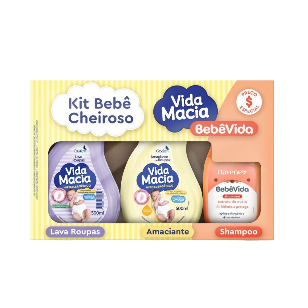 KIT VIDA MACIA BEBE CHEIROSO LAVA ROUPAS 500ML+AMACIANTE 500ML+ SHAMPOO 200ML