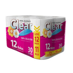 PAPEL HIGIENICO CLEAR 100% CELULOSE FOLHA SIMPLES LEVE 12 PAGUE 11 30MT